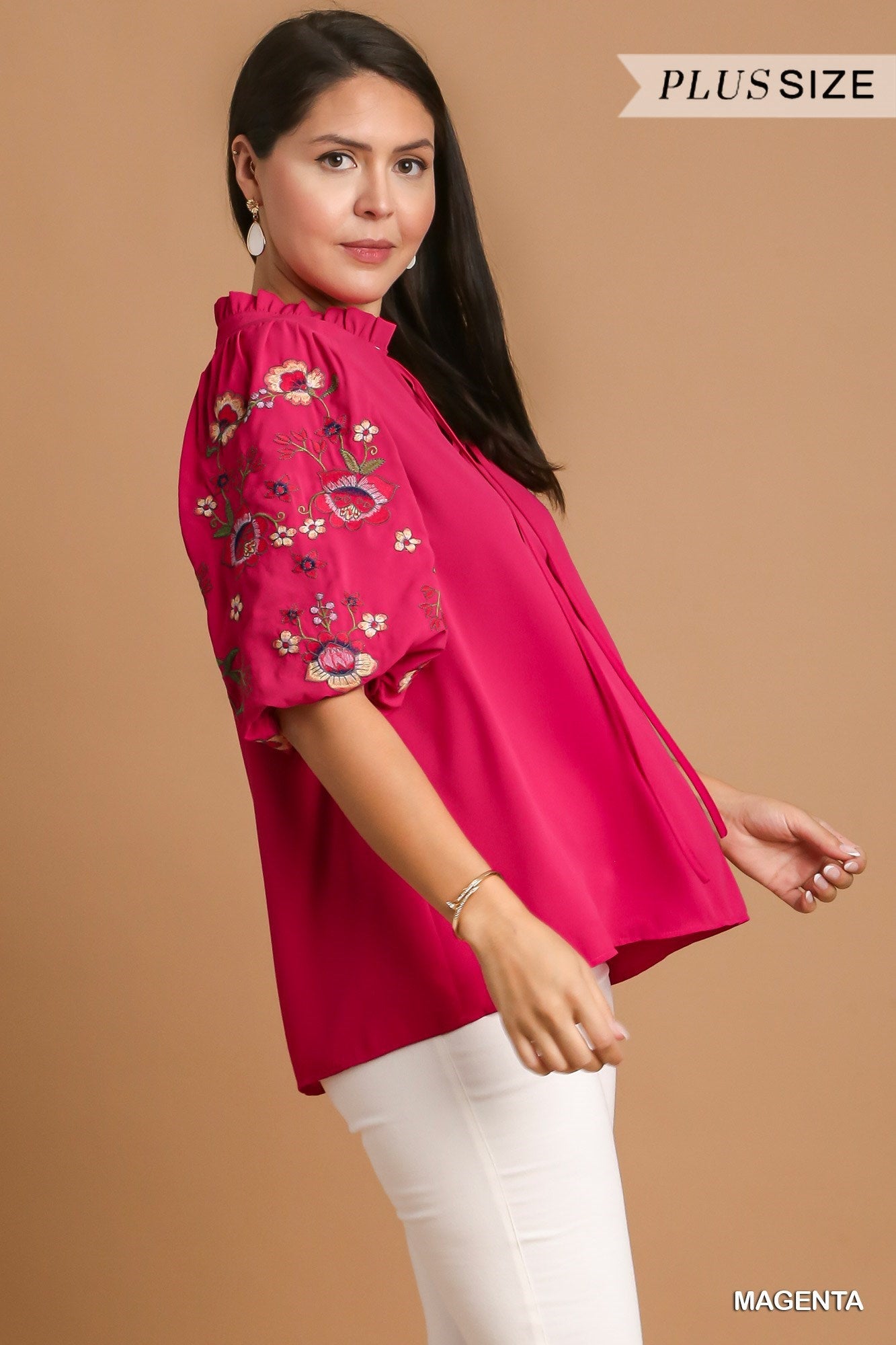 Umgee Plus Embroidery Puff Sleeve Ruffle V-Notched Drawstring Top - Roulhac Fashion Boutique