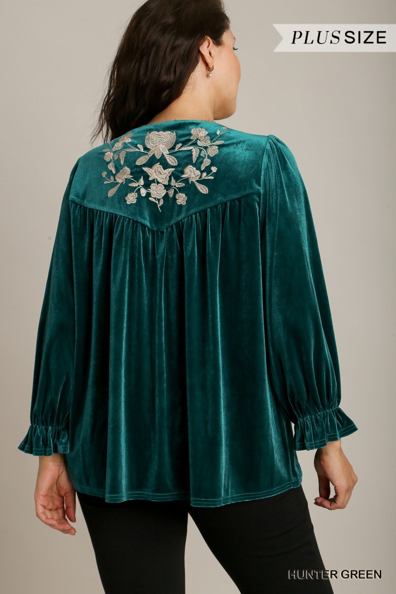 Umgee Plus Velvet Embroidery Cuffed Ruffle Sleeves Top - Roulhac Fashion Boutique