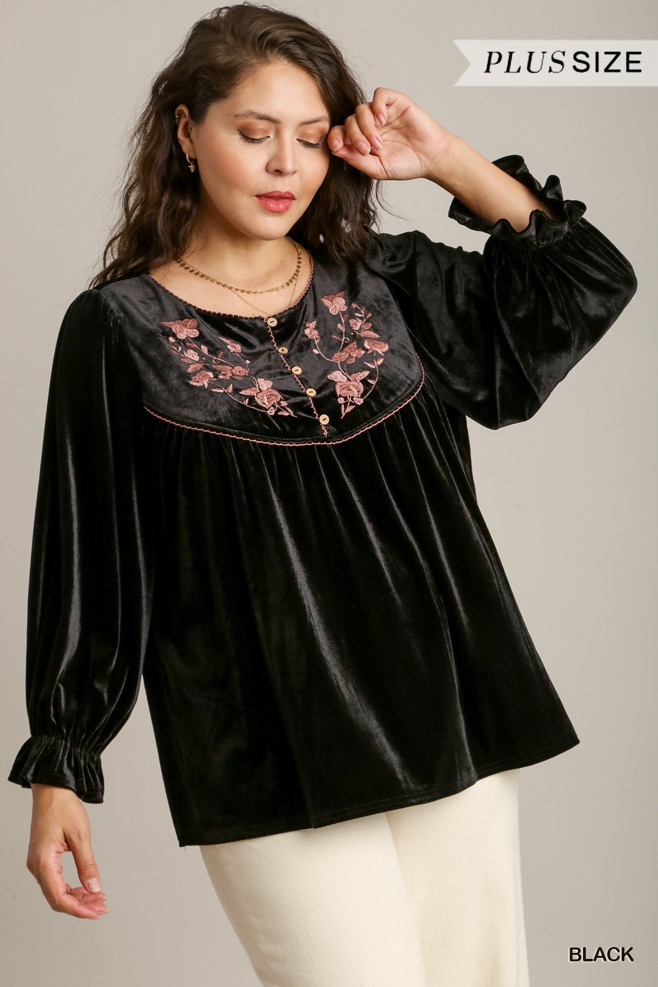 Umgee Plus Velvet Embroidery Cuffed Ruffle Sleeves Top - Roulhac Fashion Boutique
