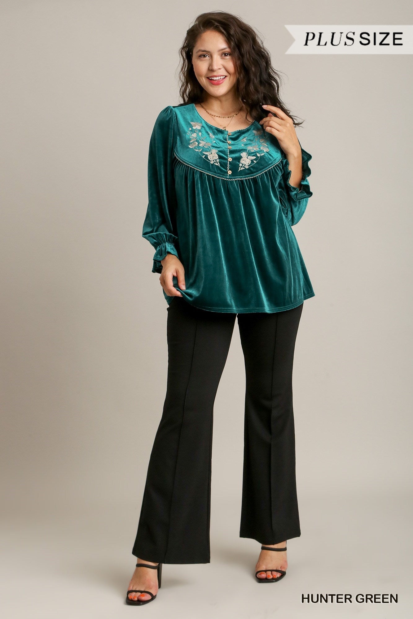 Umgee Plus Velvet Embroidery Cuffed Ruffle Sleeves Top - Roulhac Fashion Boutique