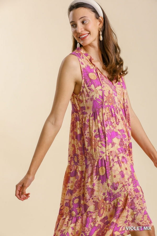 Umgee Mixed Floral Print Sleeveless Midi Dress - Roulhac Fashion Boutique