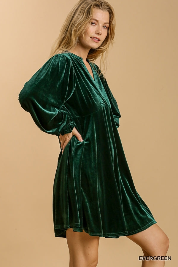 Umgee Evergreen Velvet Puff Sleeve Dress - Roulhac Fashion Boutique