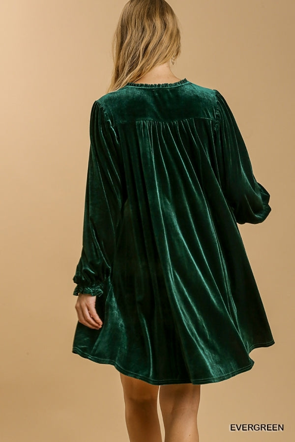 Umgee Evergreen Velvet Puff Sleeve Dress - Roulhac Fashion Boutique