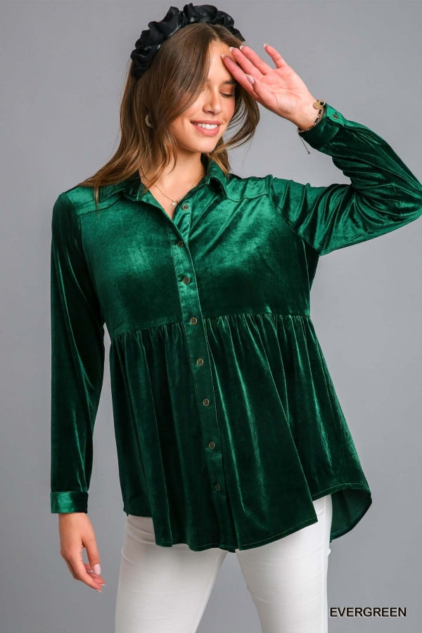 Umgee Velvet Button Down Long Sleeve Tunic - Roulhac Fashion Boutique