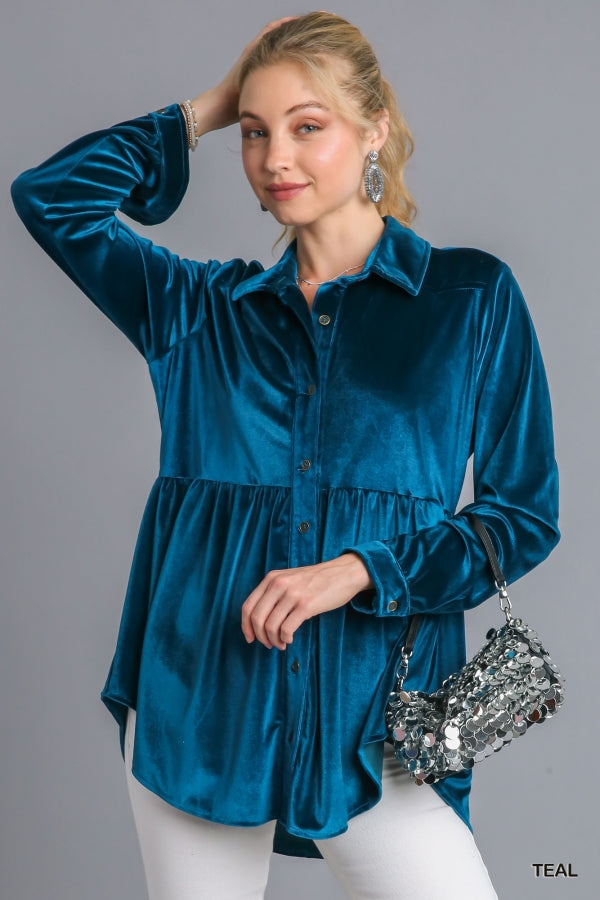 Umgee Velvet Button Down Long Sleeve Tunic - Roulhac Fashion Boutique