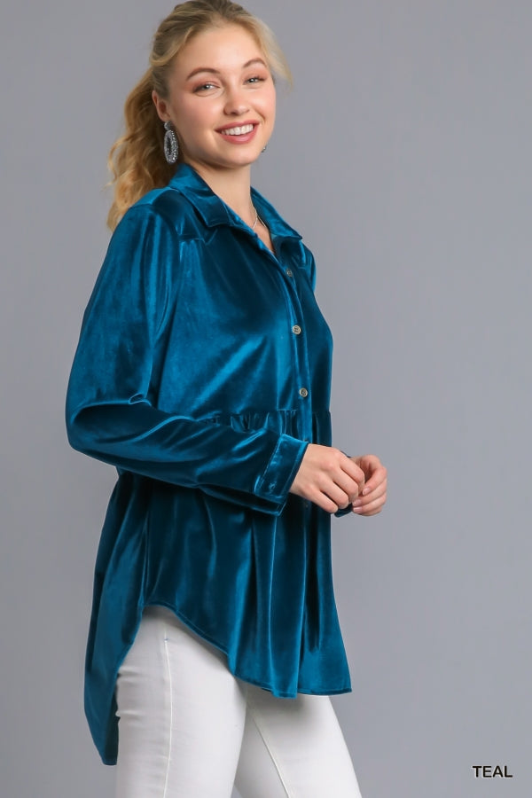 Umgee Velvet Button Down Long Sleeve Tunic - Roulhac Fashion Boutique