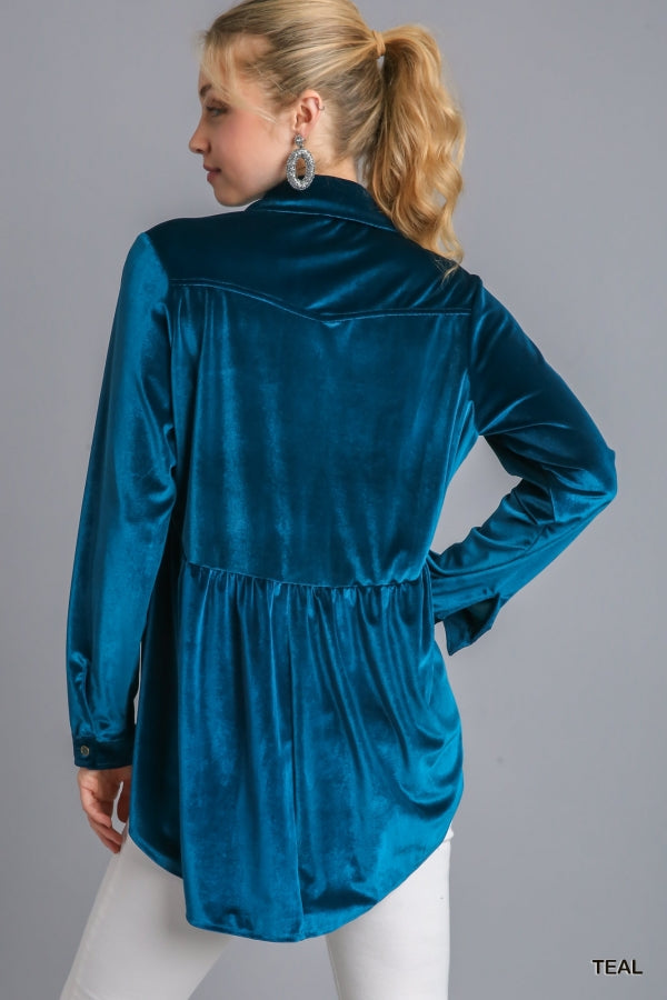 Umgee Velvet Button Down Long Sleeve Tunic - Roulhac Fashion Boutique