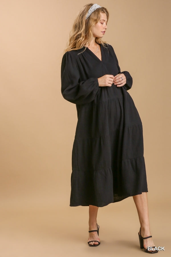 Umgee Black Cotton Tiered Long Sleeve Maxi Dress - Roulhac Fashion Boutique