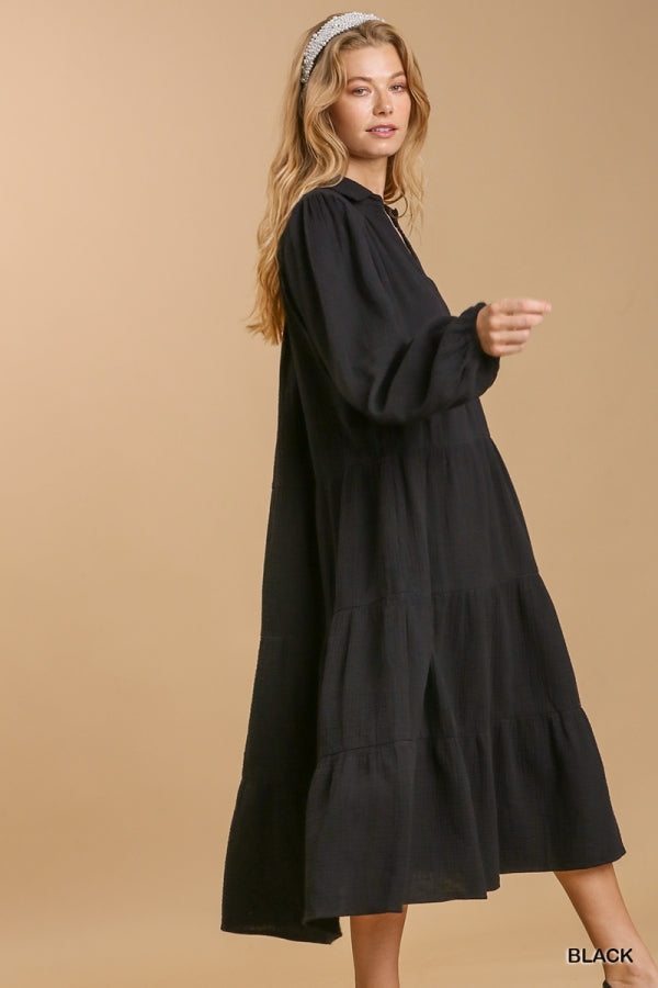 Umgee Black Cotton Tiered Long Sleeve Maxi Dress - Roulhac Fashion Boutique