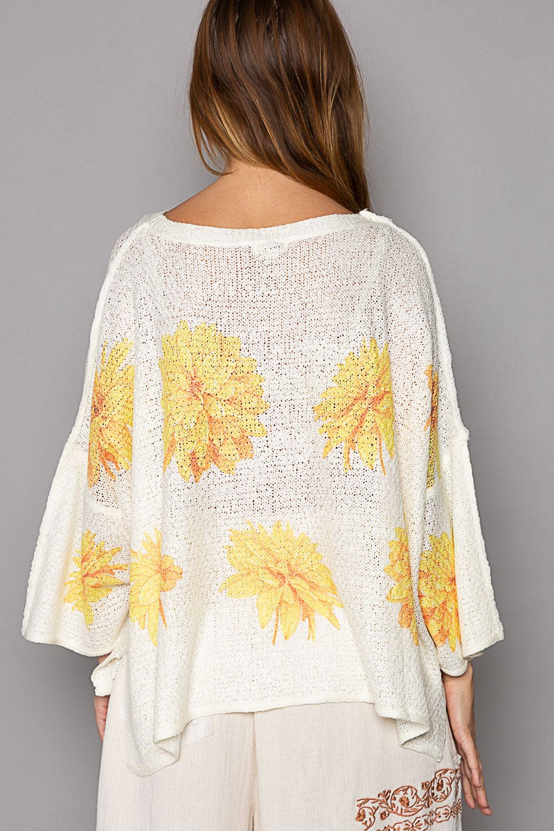 POL Round Neck Flower Print Solid Light Weight Sweater Top