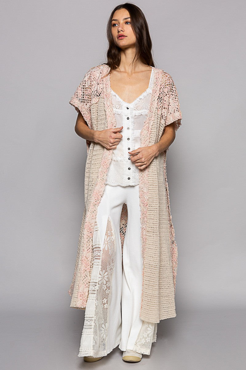 POL Sleeveless Crochet Floral Pattern Long Open Kimono Top