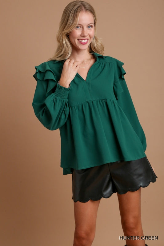 Umgee Hunter Green Ruffled V-Neck Baby Doll Top - Roulhac Fashion Boutique