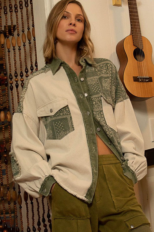 POL Oversized Olive Oatmeal Mix Vintage Wash Paisley Patch Work Shacket - Roulhac Fashion Boutique