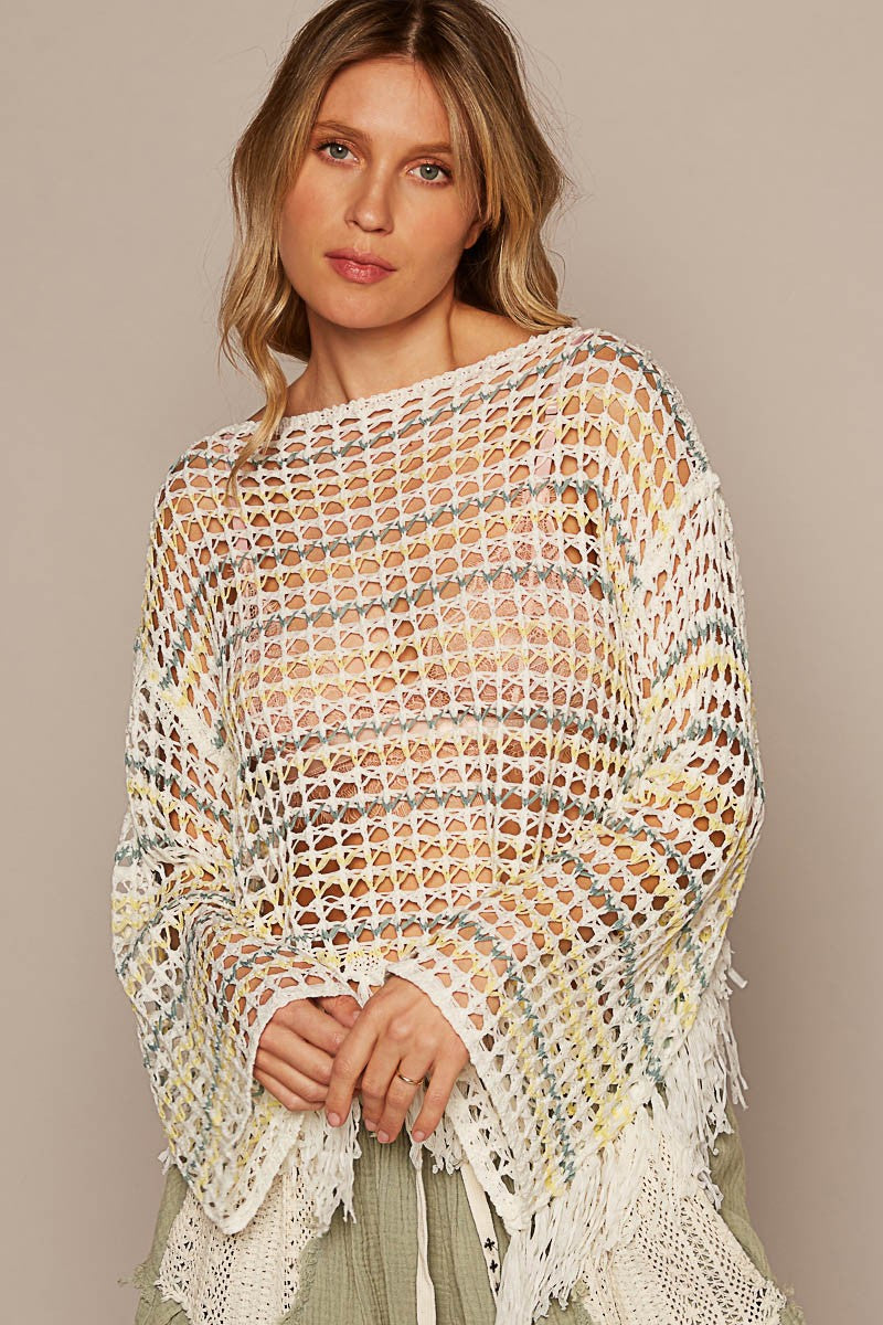 POL Oversize Long Sleeve Fringe Stripe Sweater Top