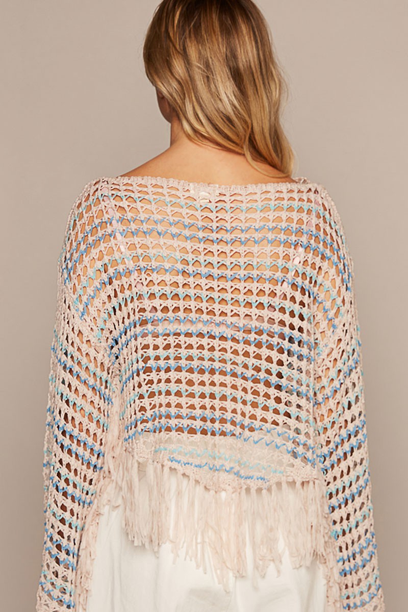 POL Oversize Long Sleeve Fringe Stripe Sweater Top