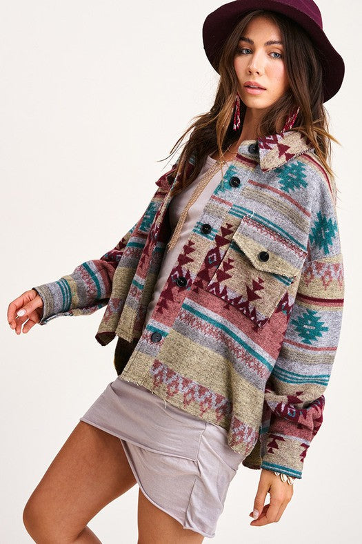 Aztec Button Down Long Sleeve High Low Shacket Jacket - Roulhac Fashion Boutique