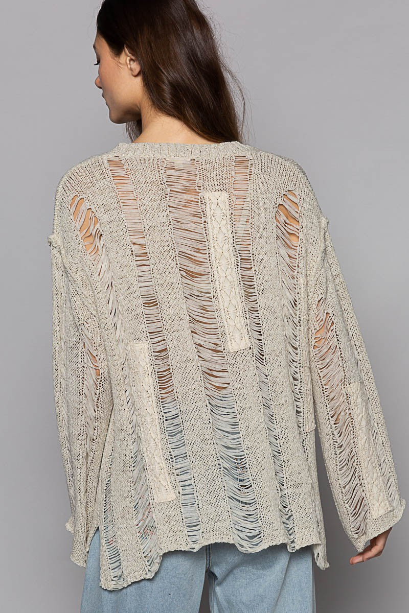 POL Long Sleeve Distressed Lace Trim V Neck Cardigan Top