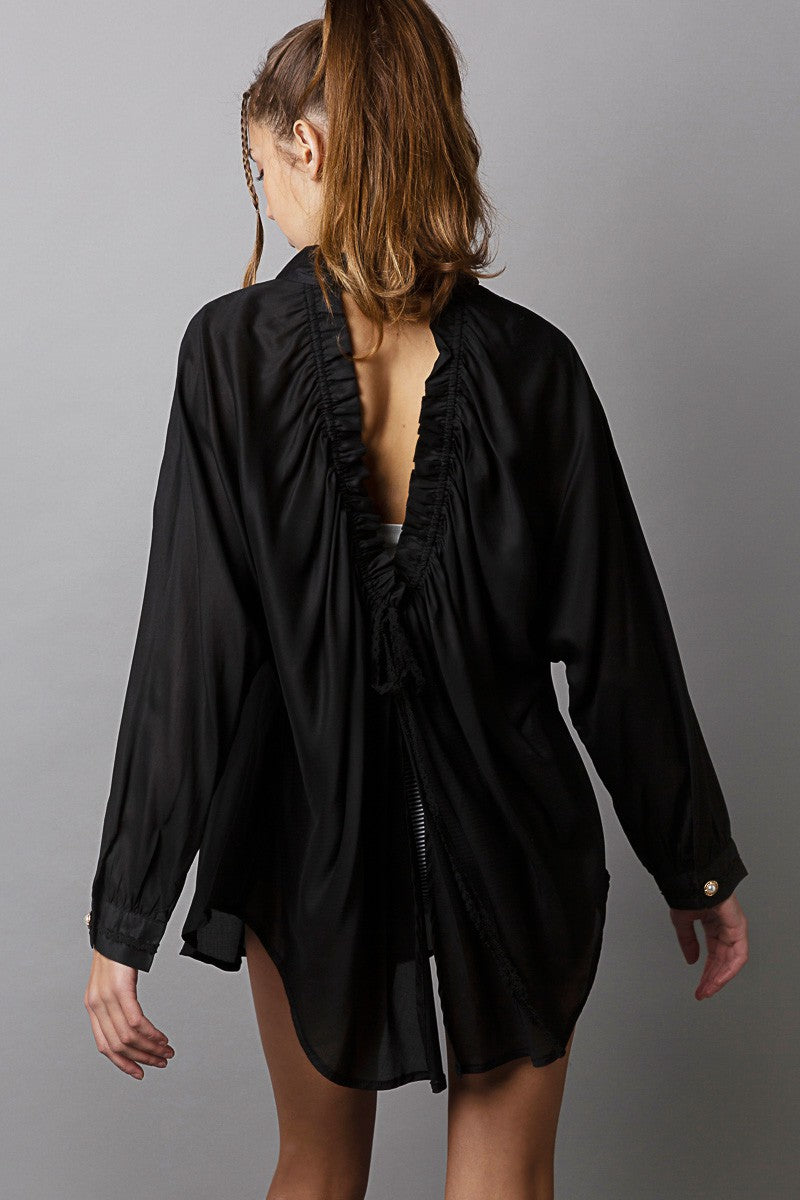 POL Open Back Batwing Long Sleeve Button Down Shirt Top