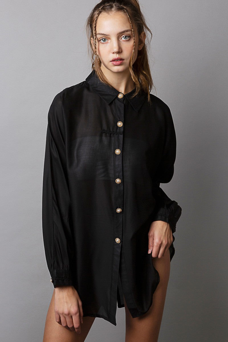 POL Open Back Batwing Long Sleeve Button Down Shirt Top