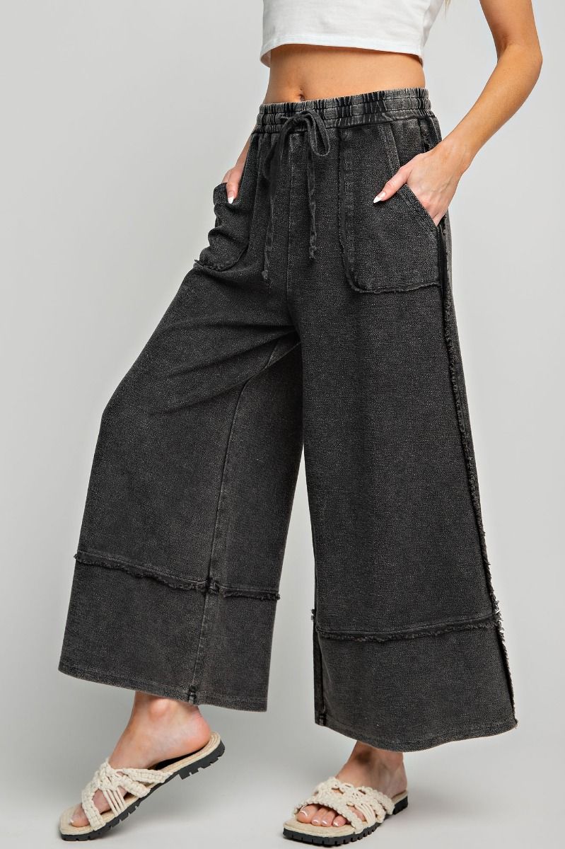 Easel Plus Wide Legs Washed Terry Knit Palazzo Pants