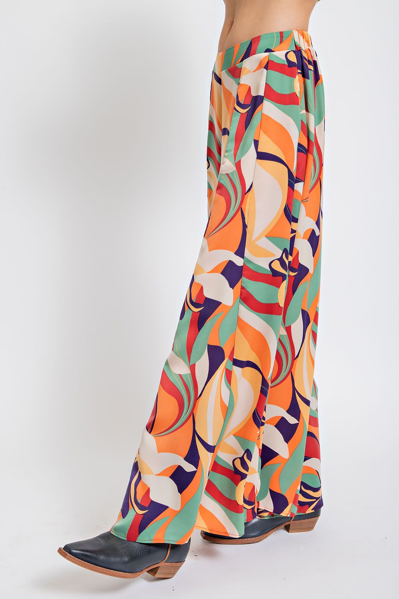 Easel Plus Marble Printed Design Elastic Waisted Wide Legs Pants