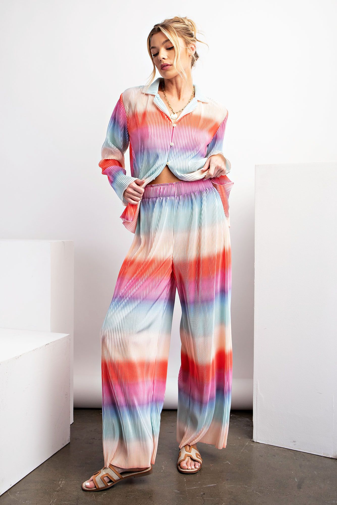 Easel Plus Ombre Print Pleated Satin Lounge Pants