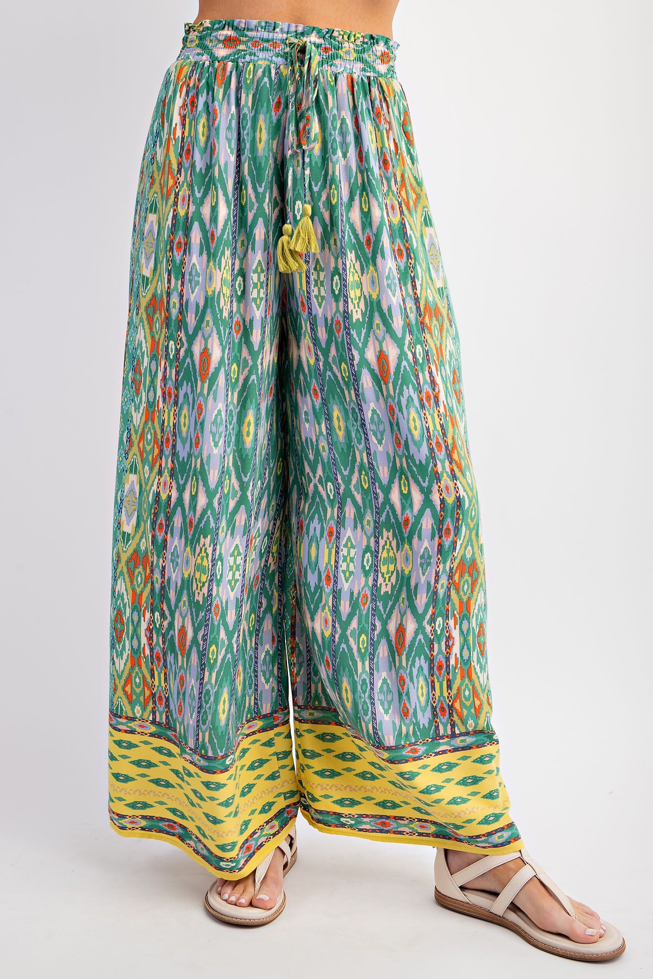 Easel Plus Ethnic Border Print Rayon Challis Wide Leg Pants