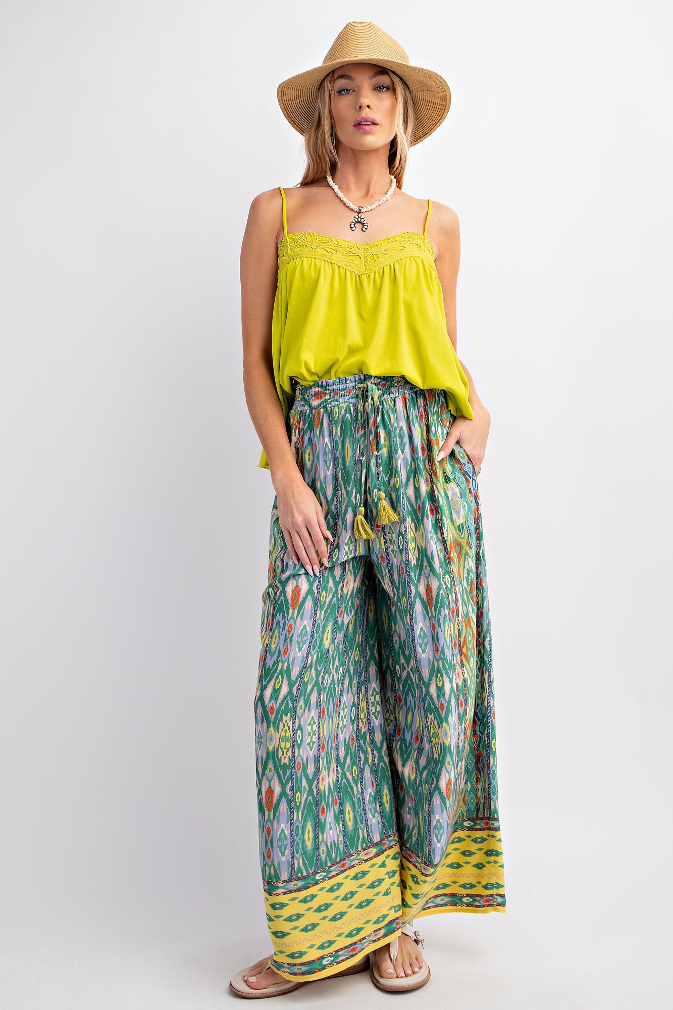 Easel Plus Ethnic Border Print Rayon Challis Wide Leg Pants