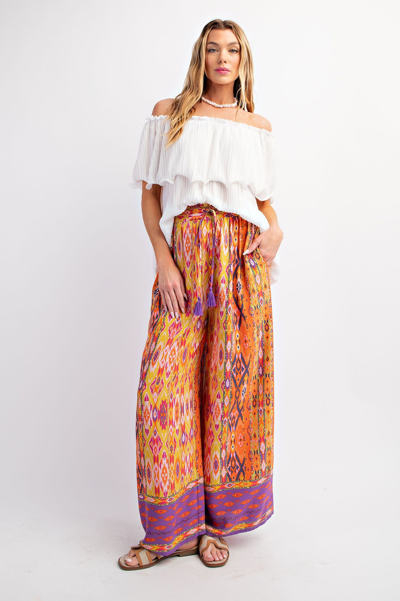 Easel Plus Ethnic Border Print Rayon Challis Wide Leg Pants