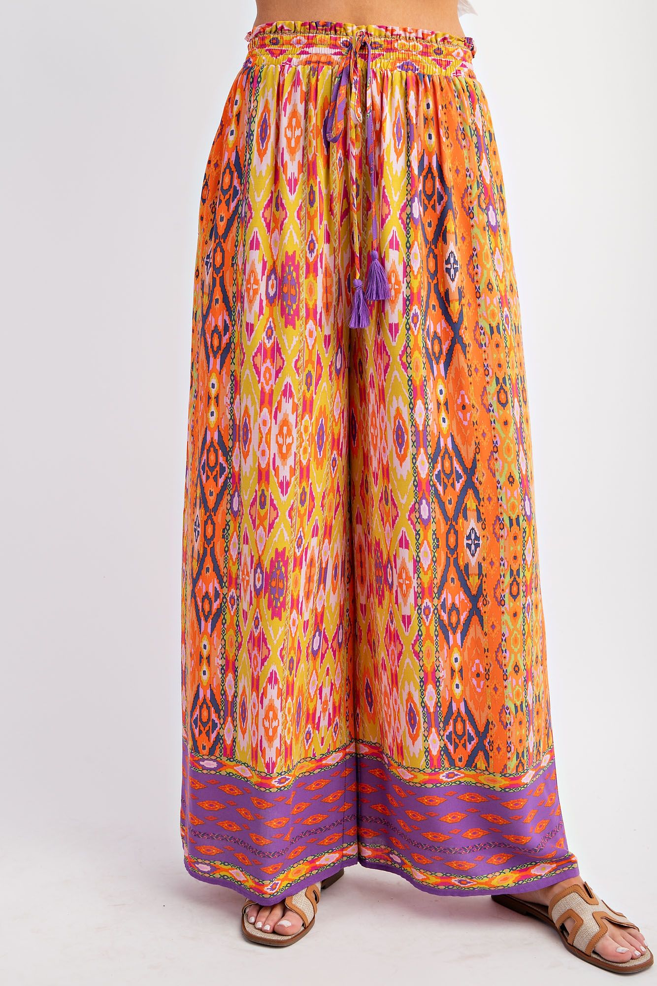 Easel Plus Ethnic Border Print Rayon Challis Wide Leg Pants