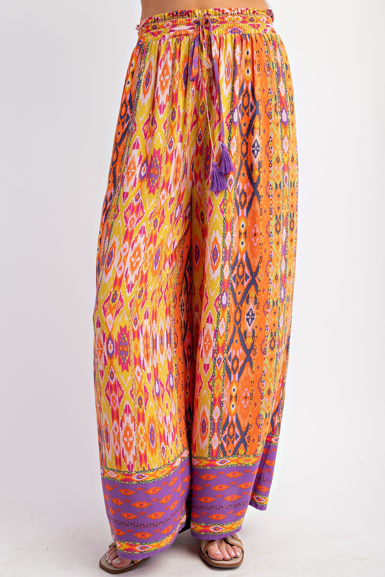 Easel Plus Ethnic Border Print Rayon Challis Wide Leg Pants