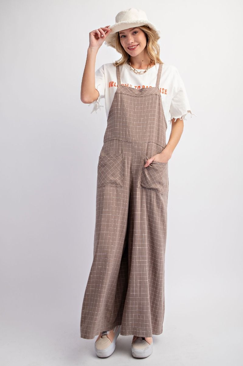 Easel Plus Checkboard Print Soft Washed Twill Jumpsuit Pants