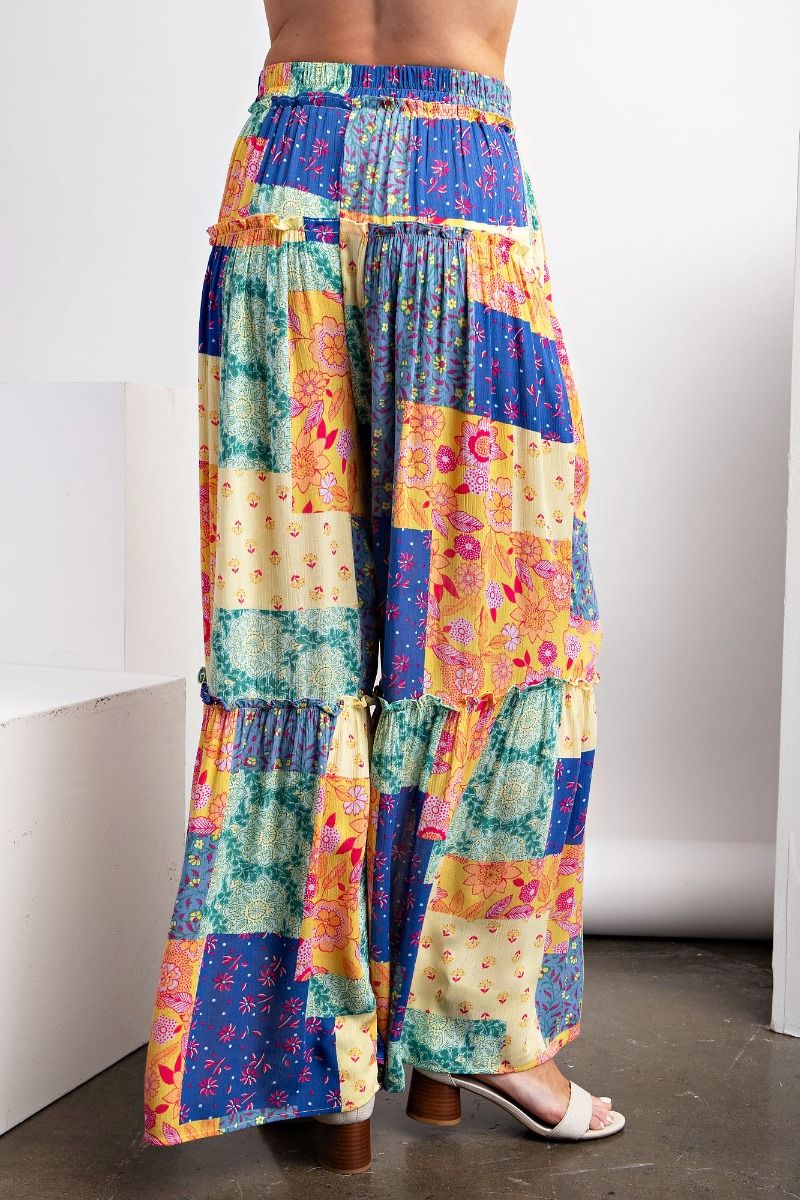 Easel Plus Patchwork Print Rayon Gauze Palazzo Pants