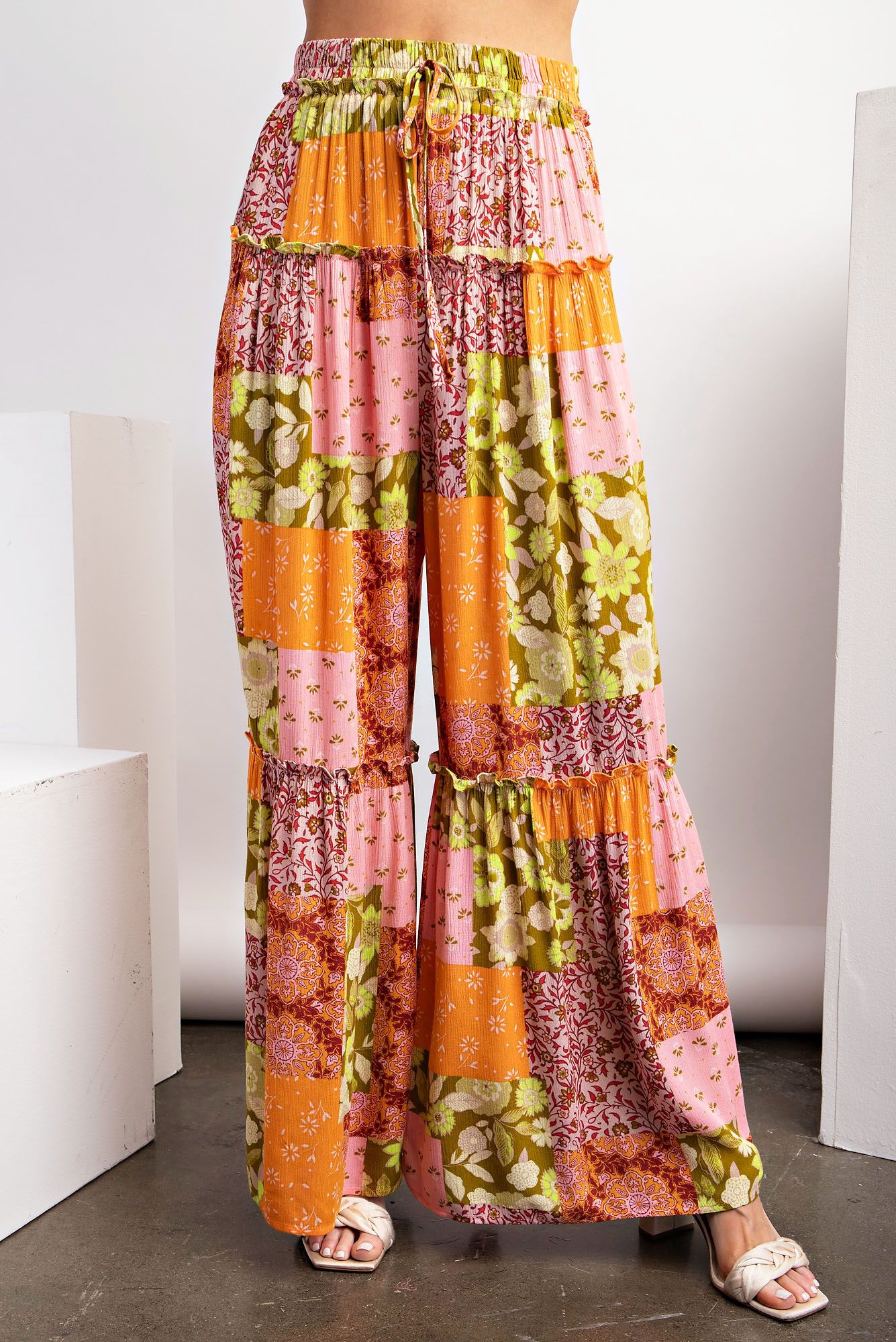 Easel Plus Patchwork Print Rayon Gauze Palazzo Pants