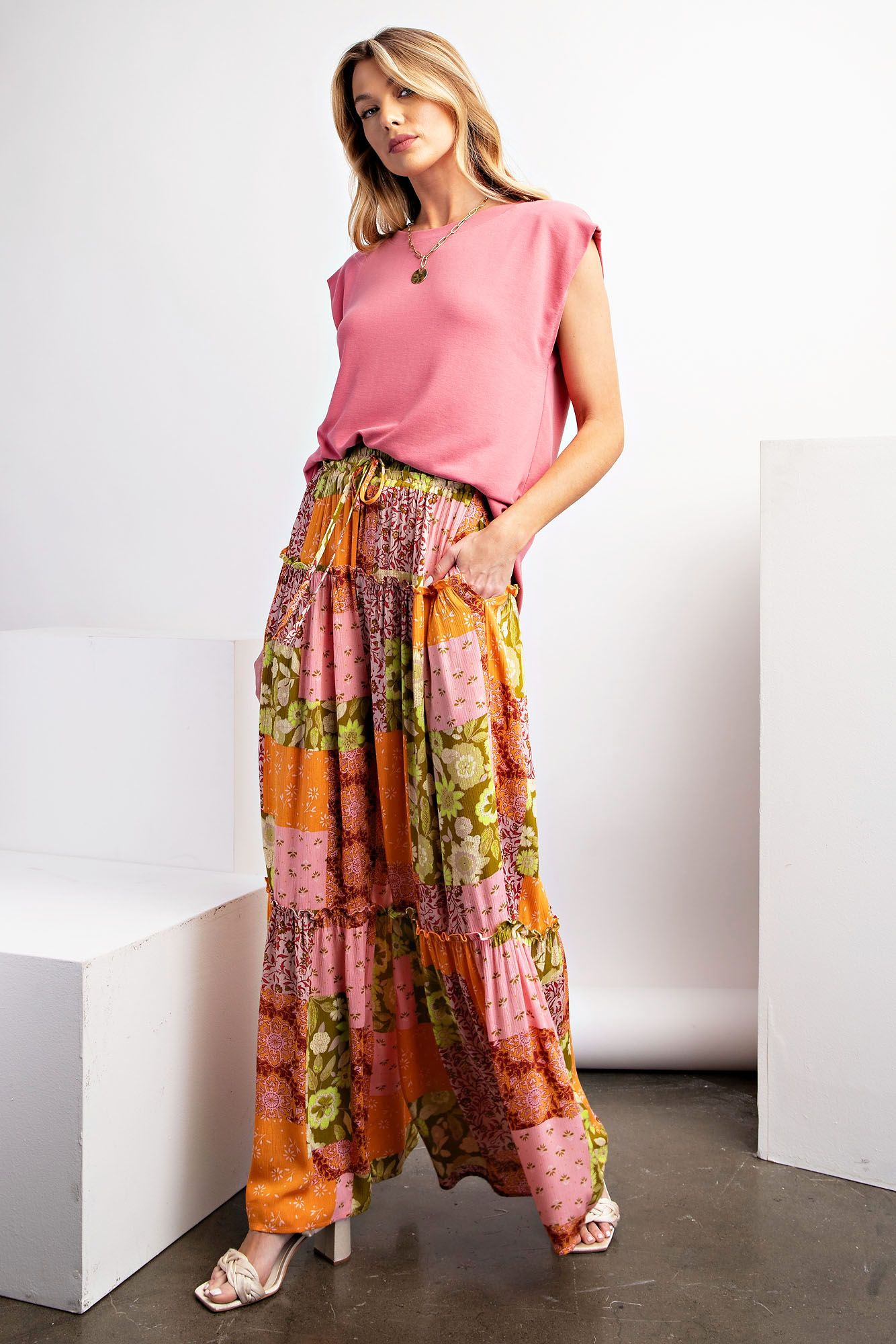 Easel Plus Patchwork Print Rayon Gauze Palazzo Pants