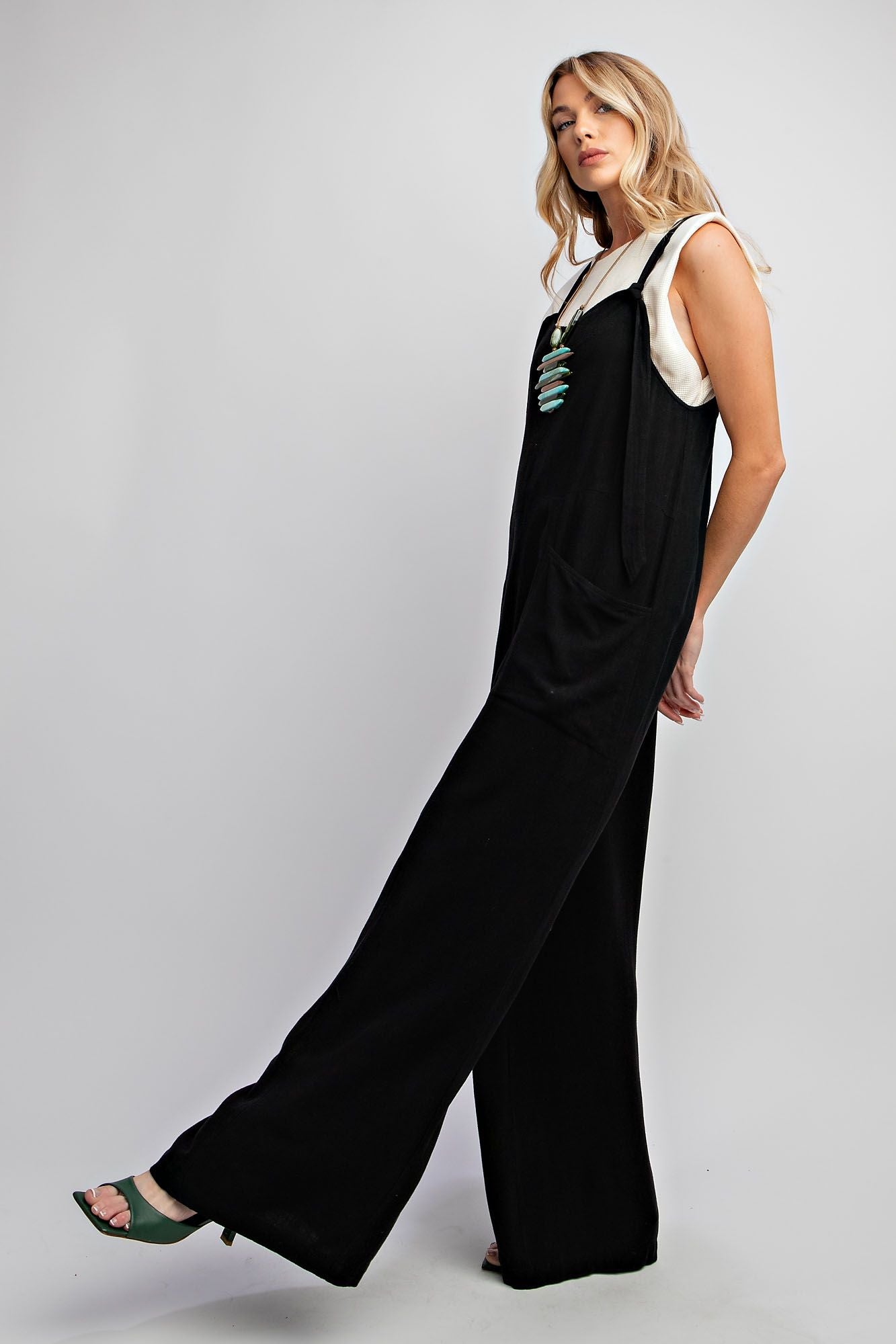 Easel Plus Poly Linen Wide Leg Jumpsuit Pants