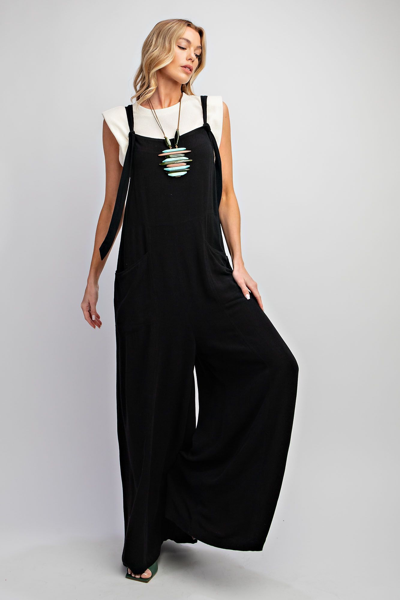 Easel Plus Poly Linen Wide Leg Jumpsuit Pants