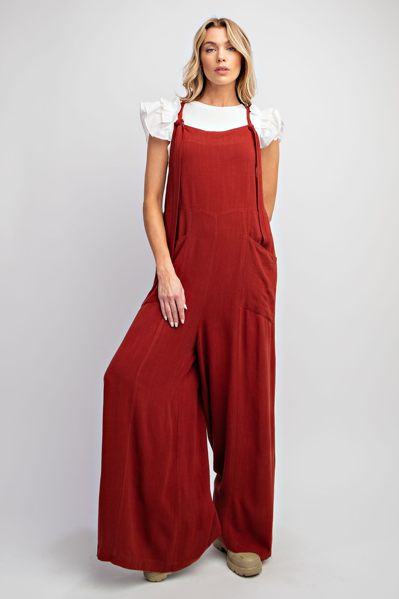 Easel Plus Poly Linen Wide Leg Jumpsuit Pants