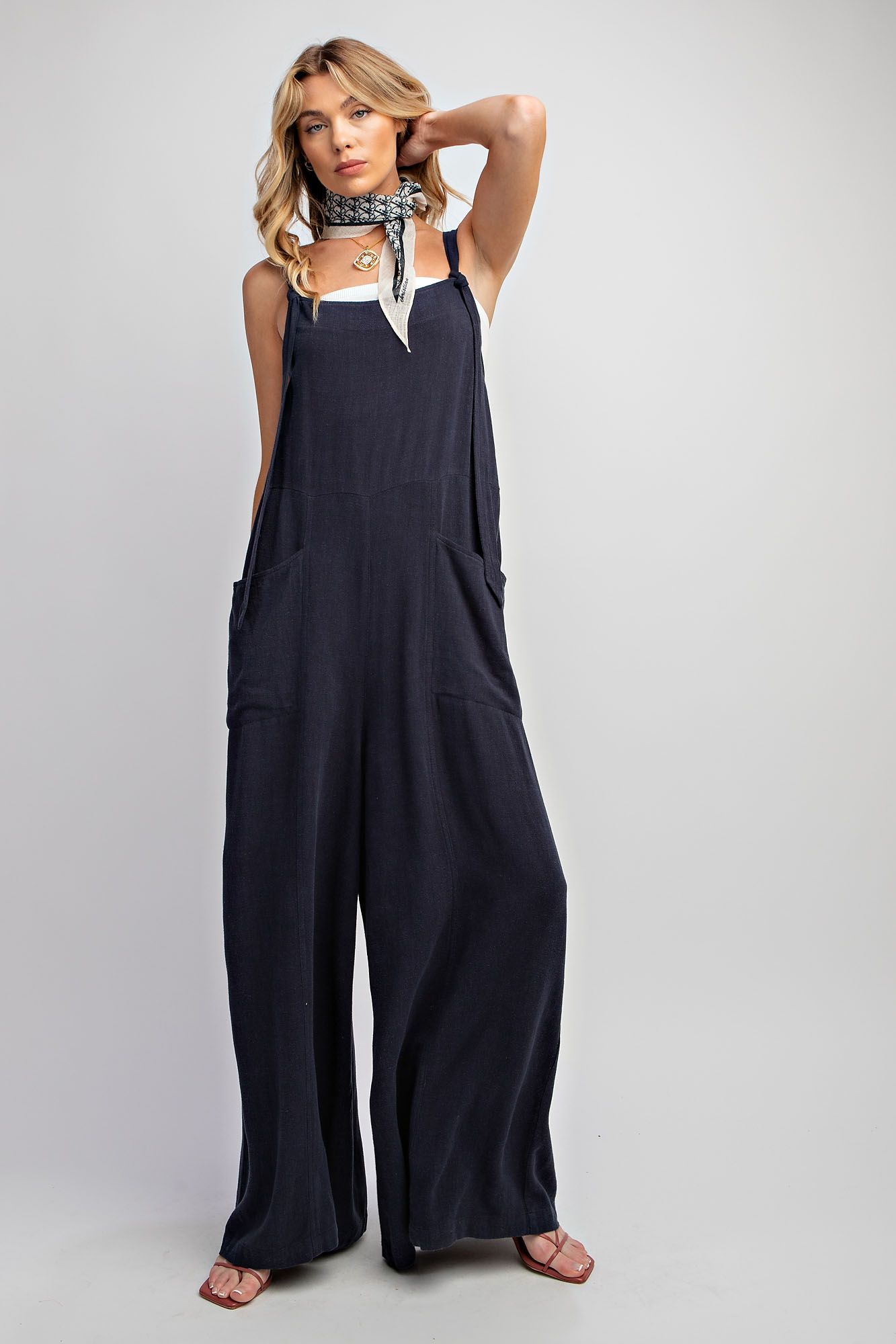 Easel Plus Poly Linen Wide Leg Jumpsuit Pants