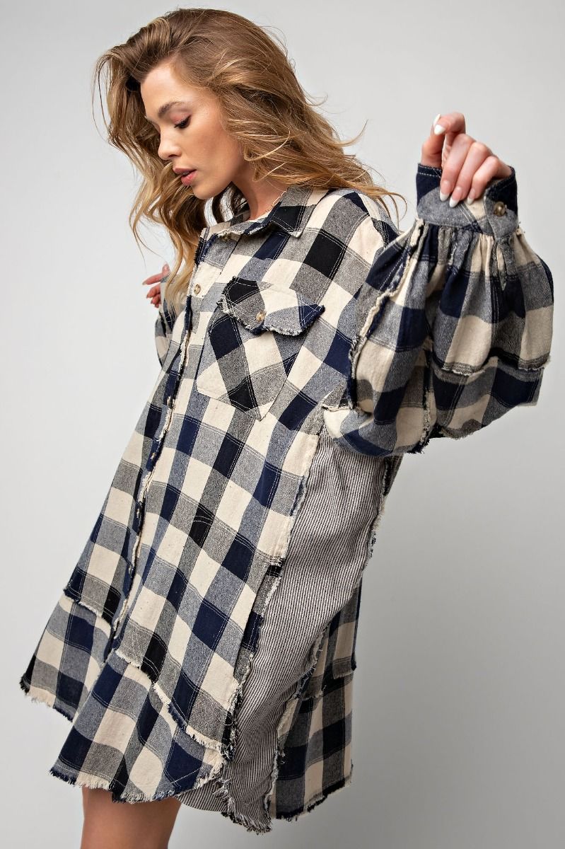 Easel Plus Plaid Print Oversized Shirt Dress Tops