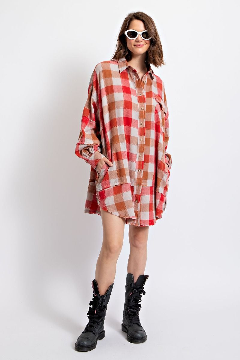 Easel Plus Plaid Print Oversized Shirt Dress Tops