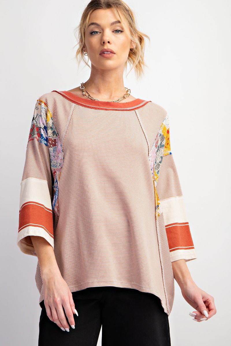 Easel Plus Mix N Match Print Stripe Tee Loose Fit Knit Tops