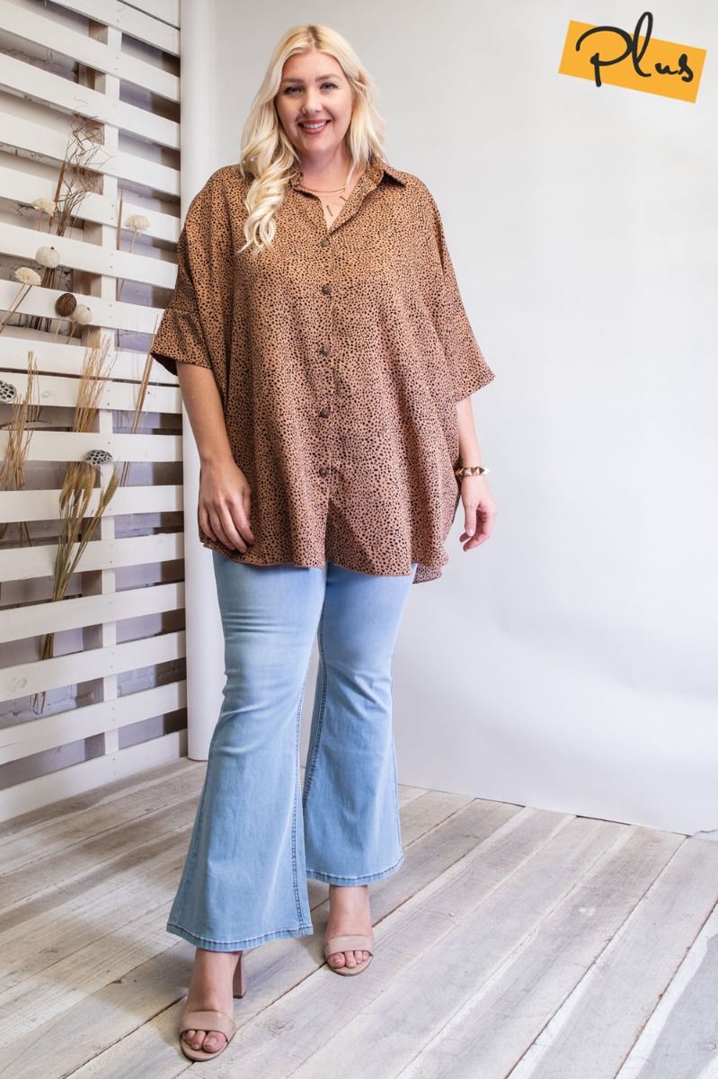 Easel Plus Printed Wool Doby Button Down Oversized Tops
