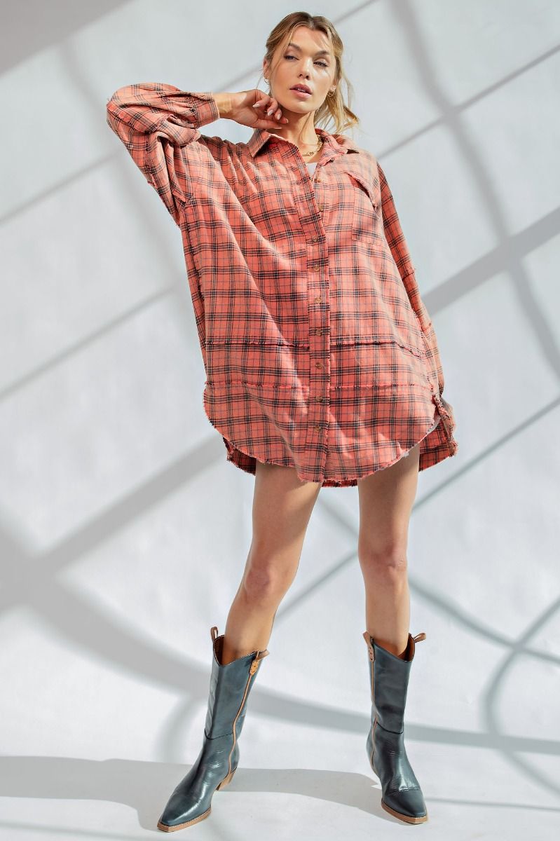 Easel Plus Mineral Washed Plaid Button Down Front Shirt Tops