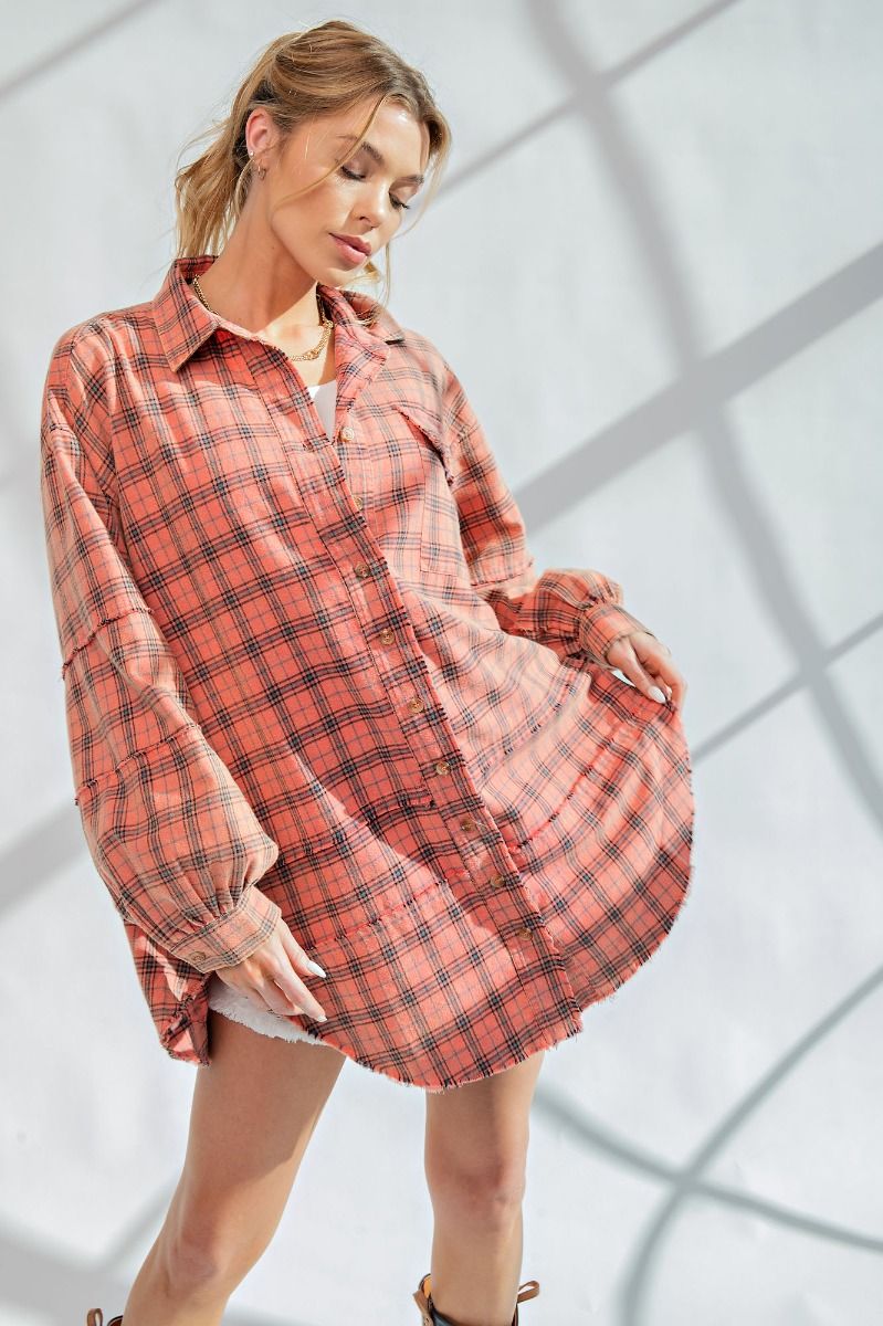 Easel Plus Mineral Washed Plaid Button Down Front Shirt Tops