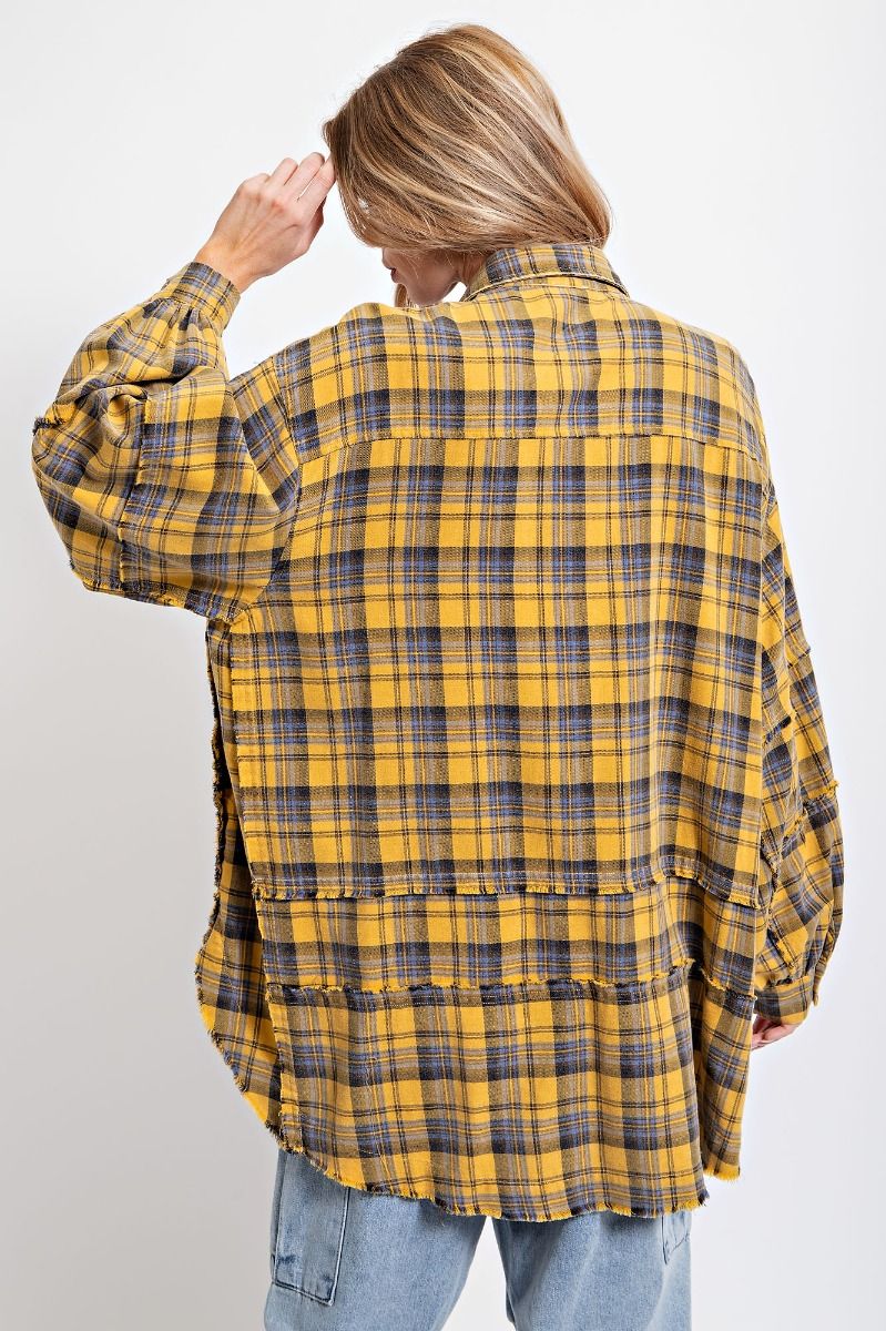 Easel Plus Mineral Washed Plaid Button Down Front Shirt Tops