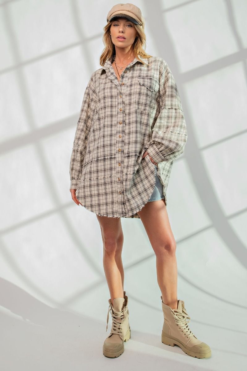 Easel Plus Mineral Washed Plaid Button Down Front Shirt Tops