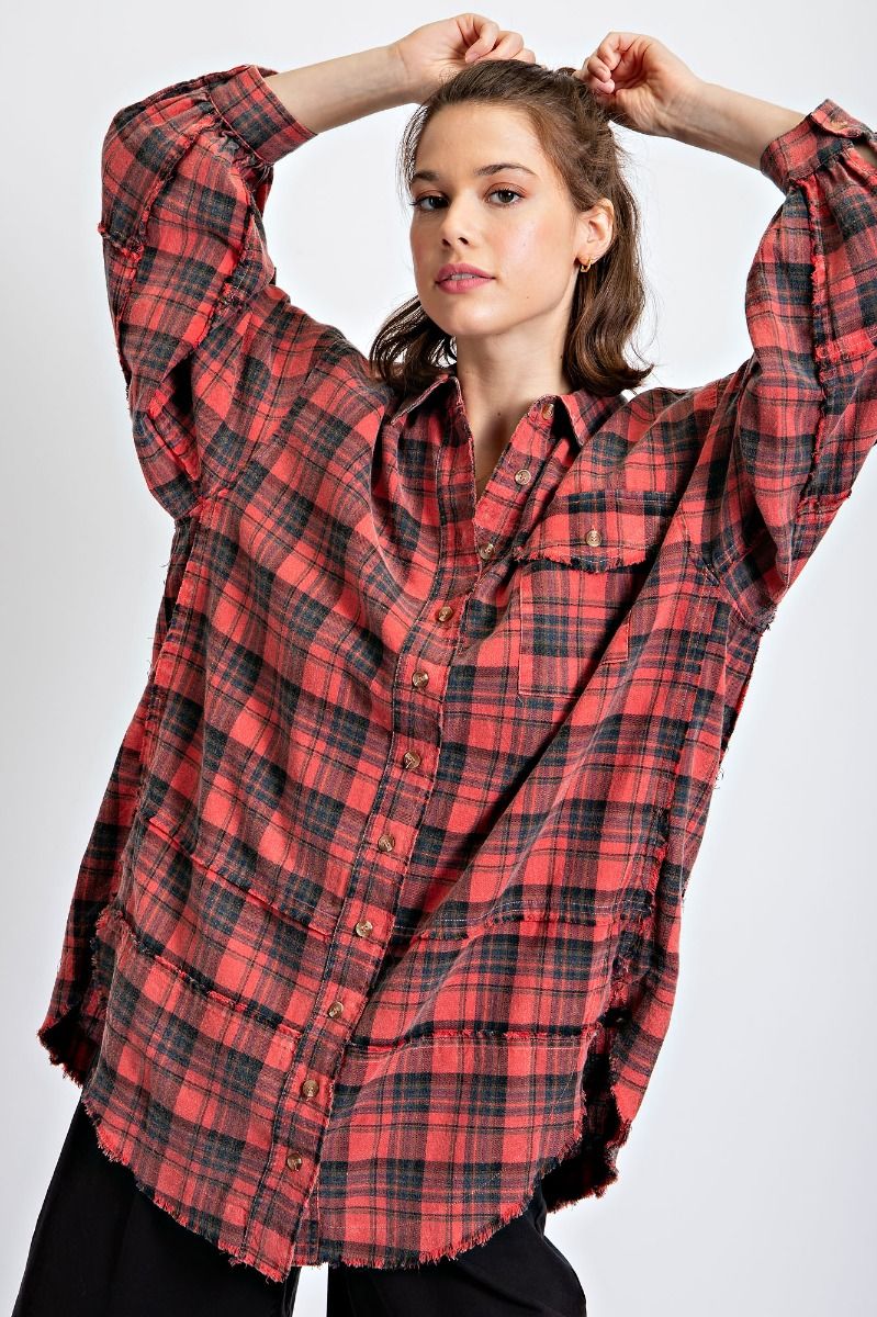 Easel Plus Mineral Washed Plaid Button Down Front Shirt Tops