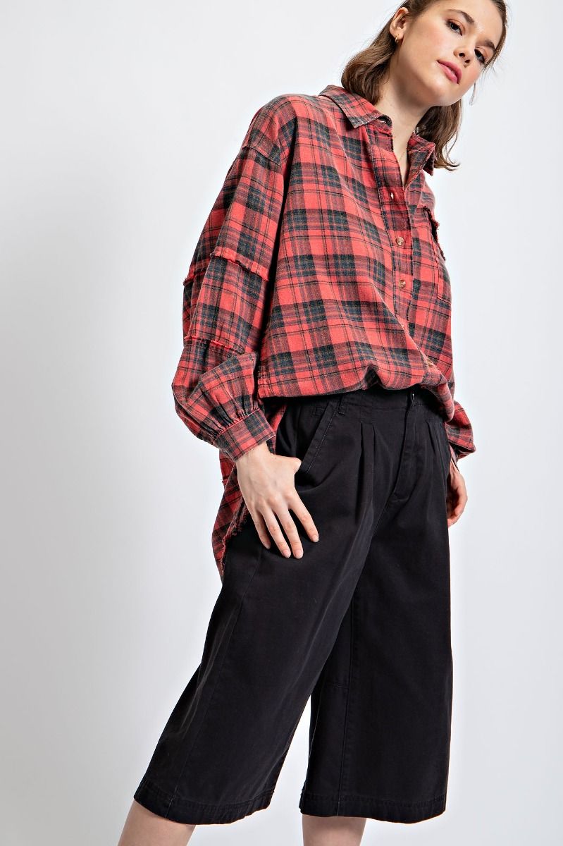 Easel Plus Mineral Washed Plaid Button Down Front Shirt Tops