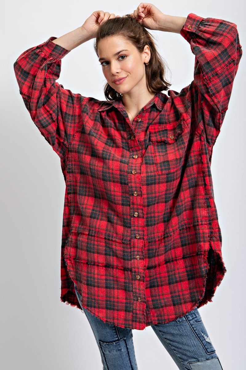 Easel Plus Mineral Washed Plaid Button Down Front Shirt Tops